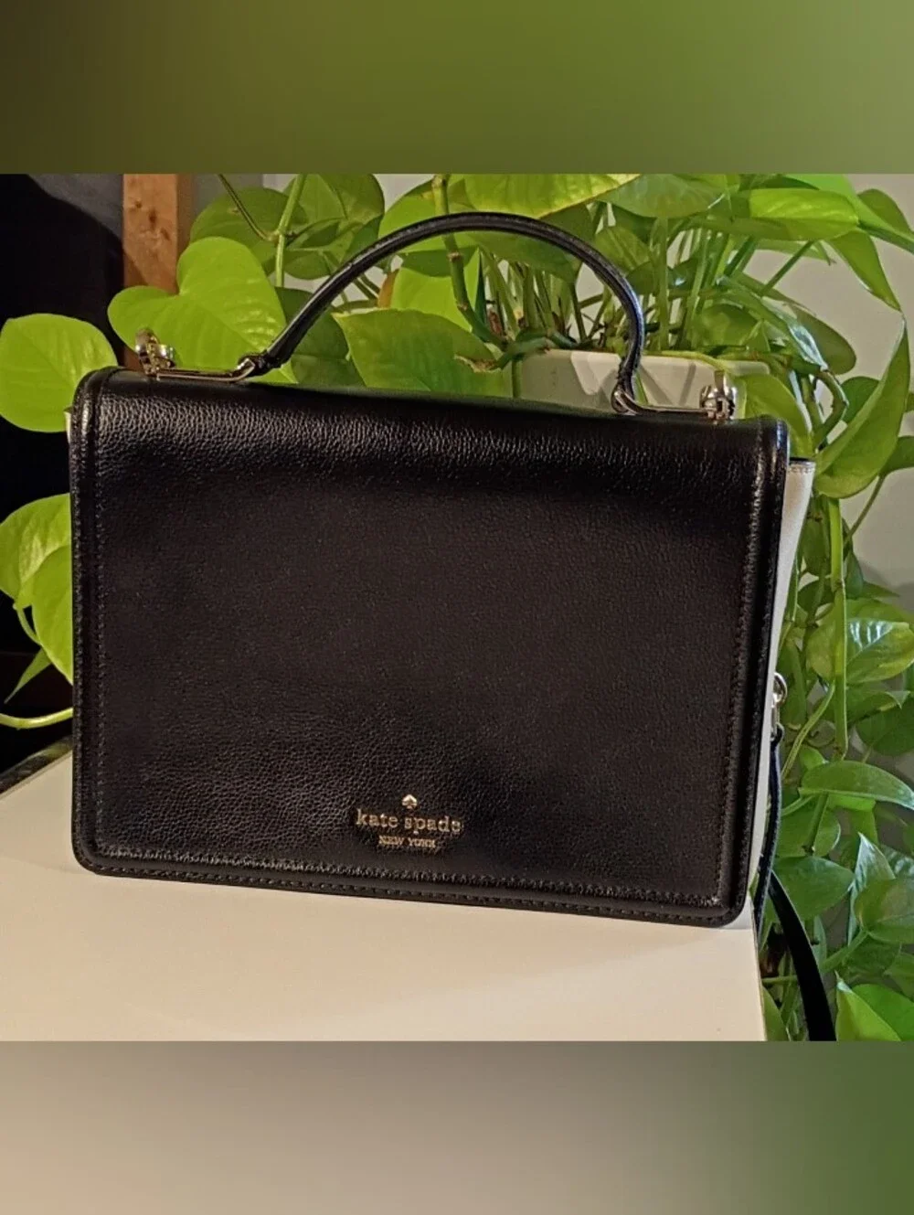 kate spade Black Leather Top-Handle Satchel with Gold Logo